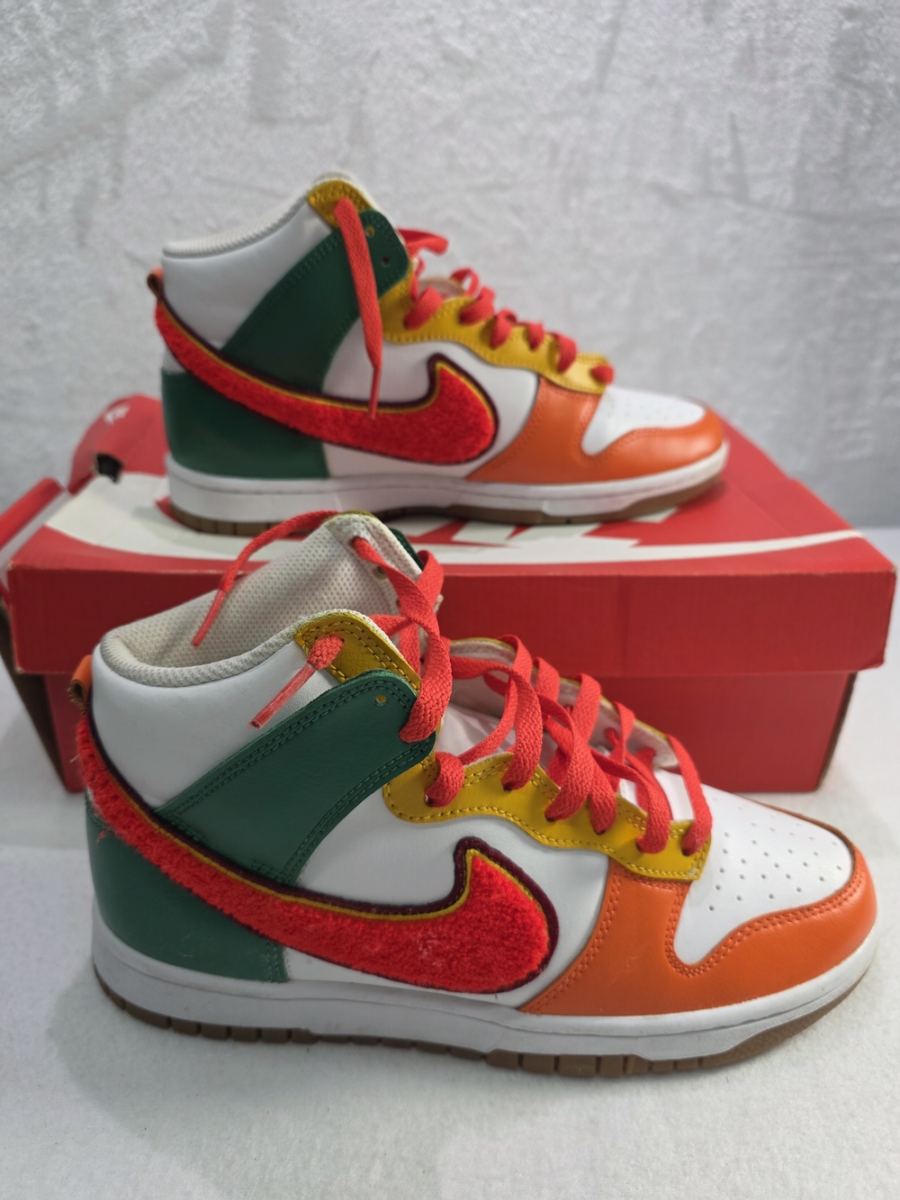Mens Nike Dunk High Chenille Swoosh Sneakers Green Red Orange Yellow - Picture 2 of 9